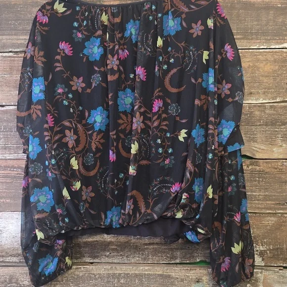 Free People Black Blouse with Colorful Floral Design, Size M - Picture 2 of 5